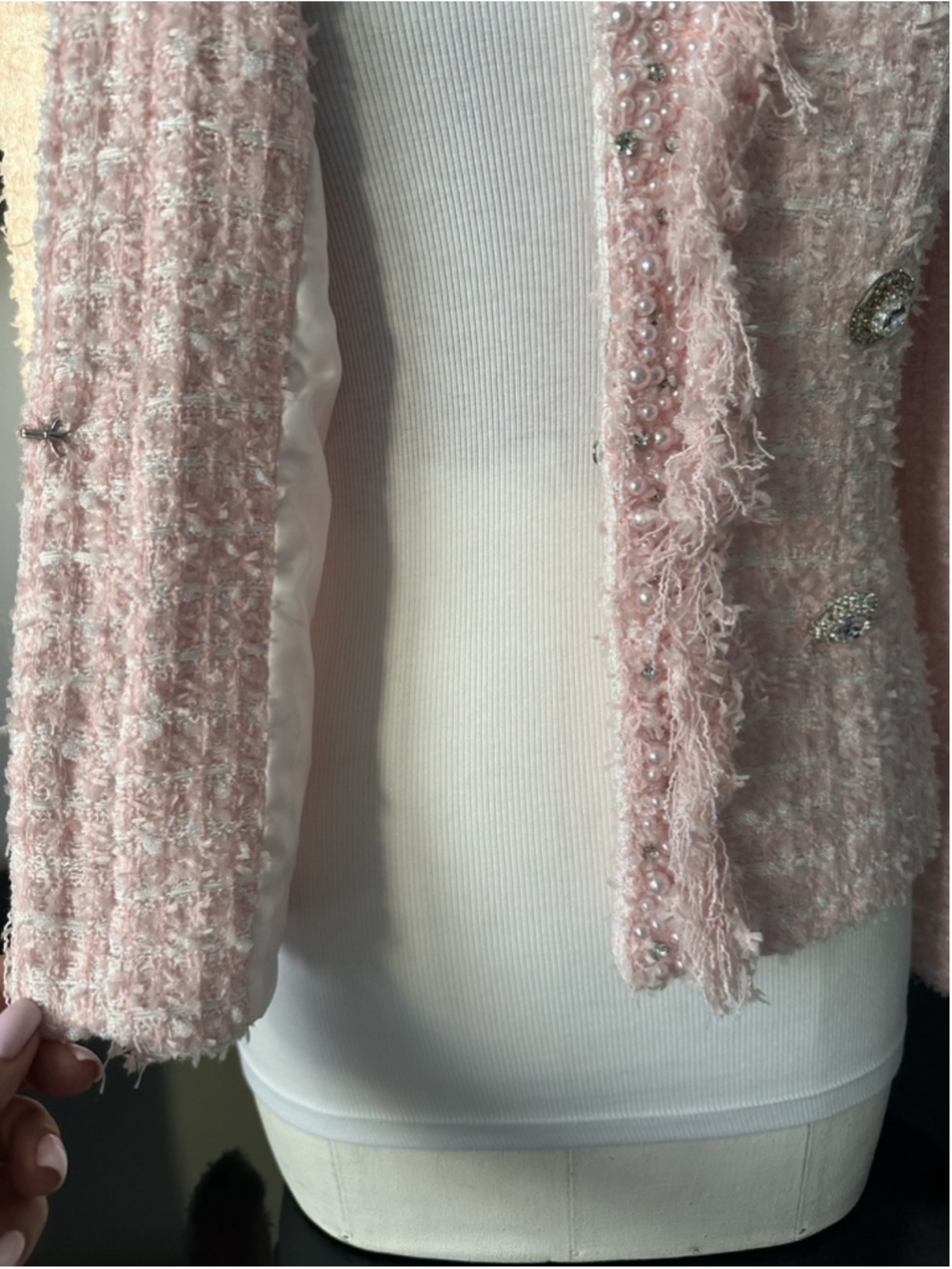 Women's Pink Tweed Jacket Strass &Pearl Size S/M - Picture 10 of 11